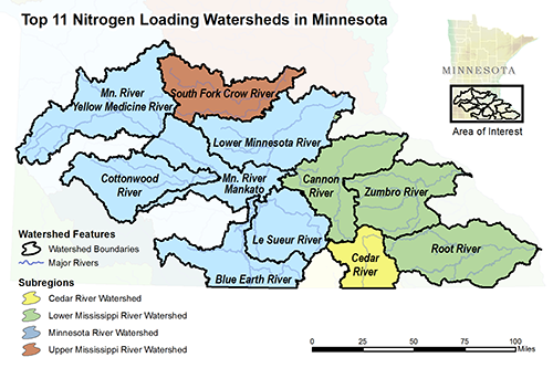 Map of the Top 11 Nitrogen Loading Watersheds in Minnesota