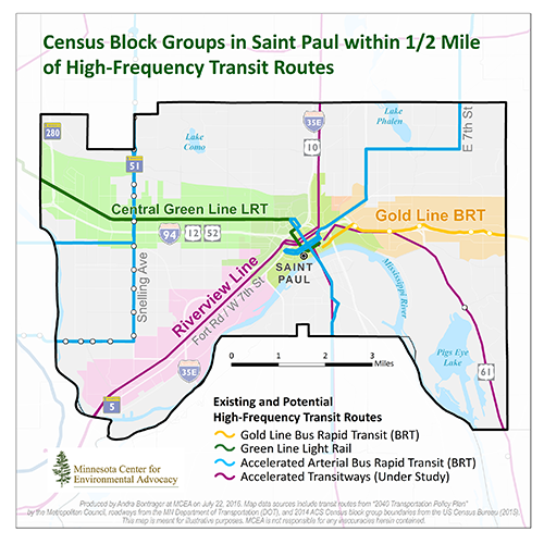 Census Block Groups in Saint Paul within 1/2 Mile of High-Frequency Transit Routes