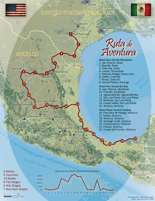 Map of Fictional Ruta de Aventura Bike Route in Mexico